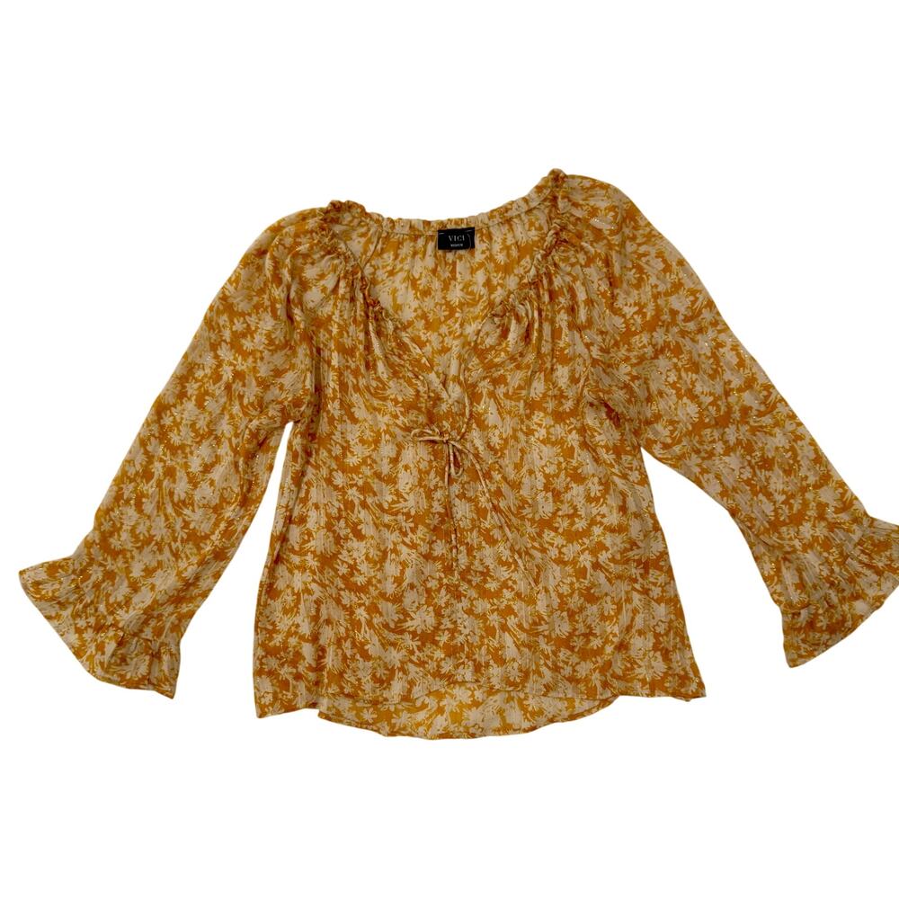 VICI Floral Metallic Lurex Peasant Blouse Women's Medium Boho Ruffle Gold Prarie